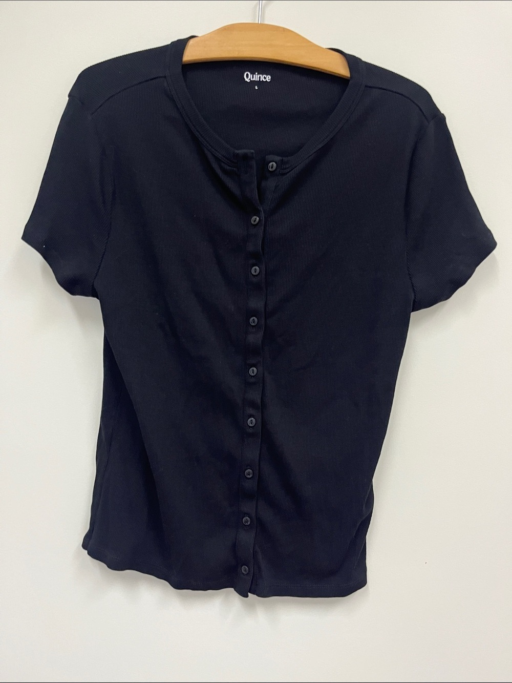 Quince Organic Cotton Micro-Rib Button Down Tee in Black size L